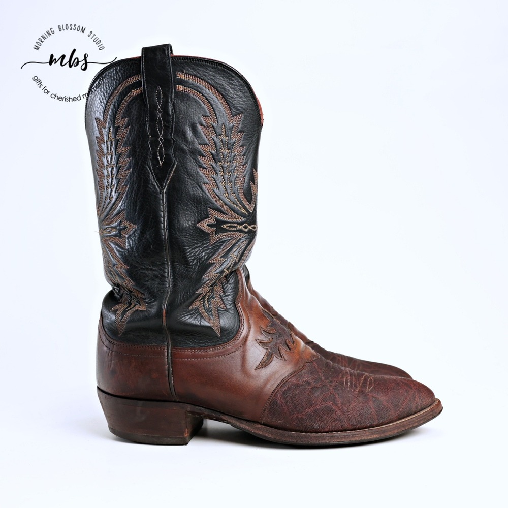 Lucchese 2000 Handcrafted Elephant Cowboy Boots Black Cognac Brown Men 10.5